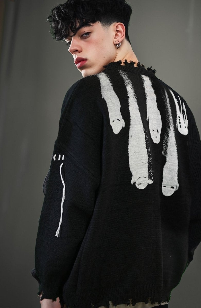 Black Ghosts distressed sweater, high quality cotton sweater, Y2K grunge street style - rage quit