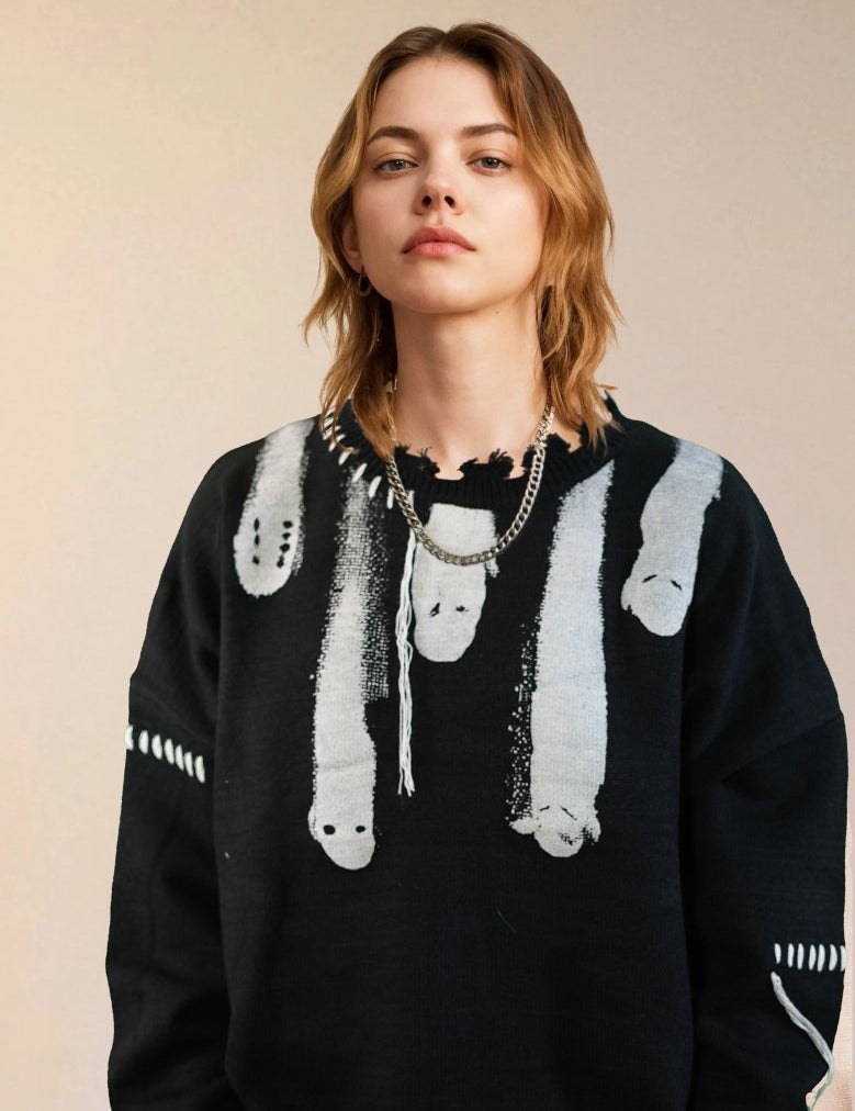 Black Ghosts distressed sweater, high quality cotton sweater, Y2K grunge street style - rage quit