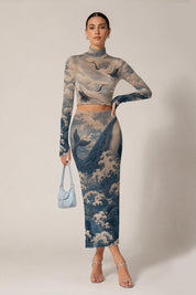 Blue Ocean Mesh Skirt Set, sheer Japanese Wave Two Piece - rage quit