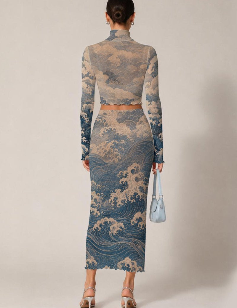 Blue Ocean Mesh Skirt Set, sheer Japanese Wave Two Piece - rage quit