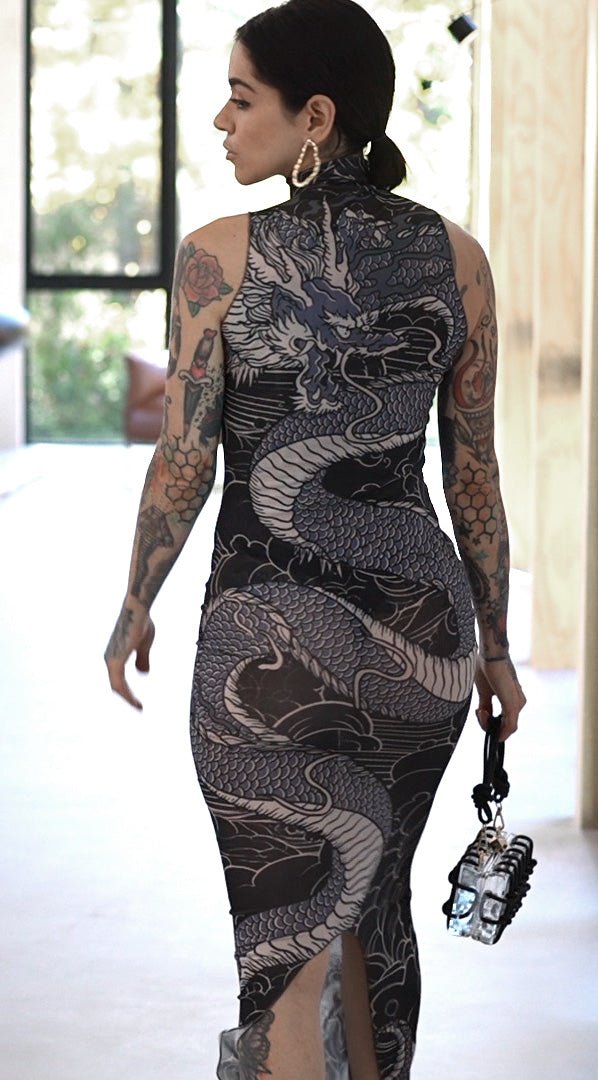 Dragon's embrace bodycon sheer mesh dress - rage quit