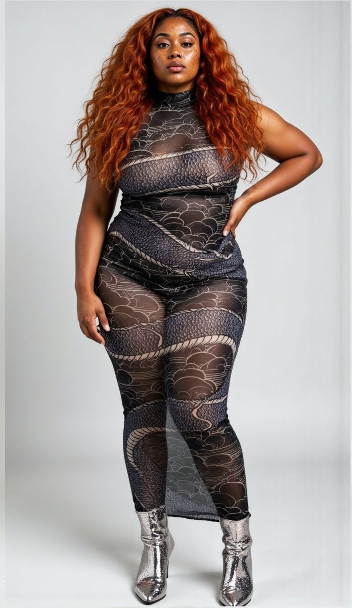 Dragon's embrace bodycon sheer mesh dress - rage quit