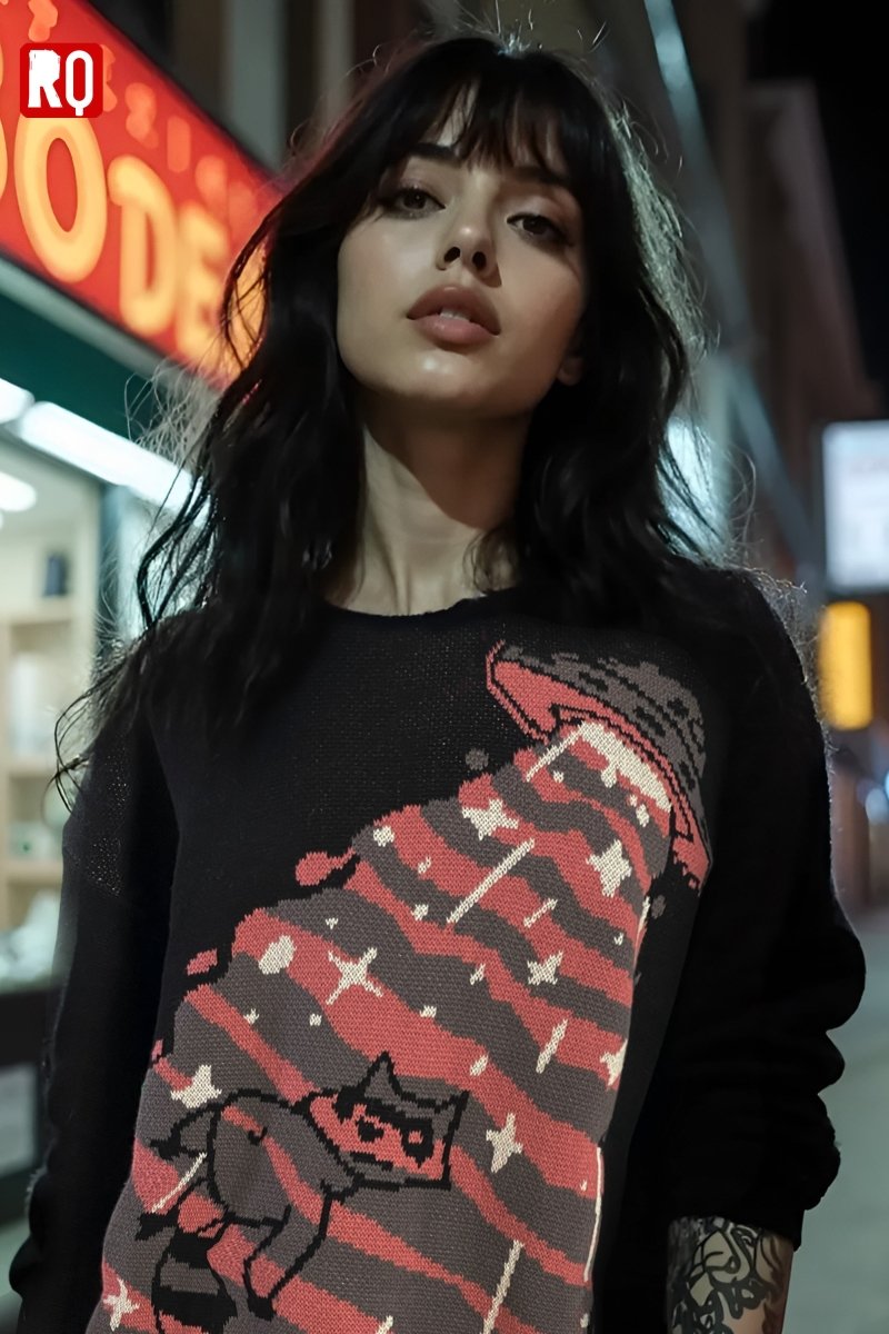 UFO takes Raccoon Knitted distressed sweater - rage quit