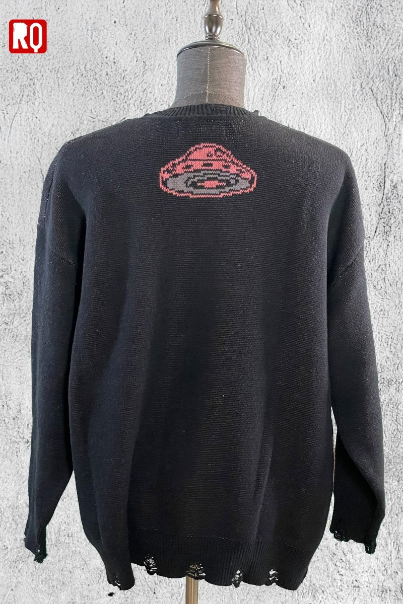UFO takes Raccoon Knitted distressed sweater - rage quit