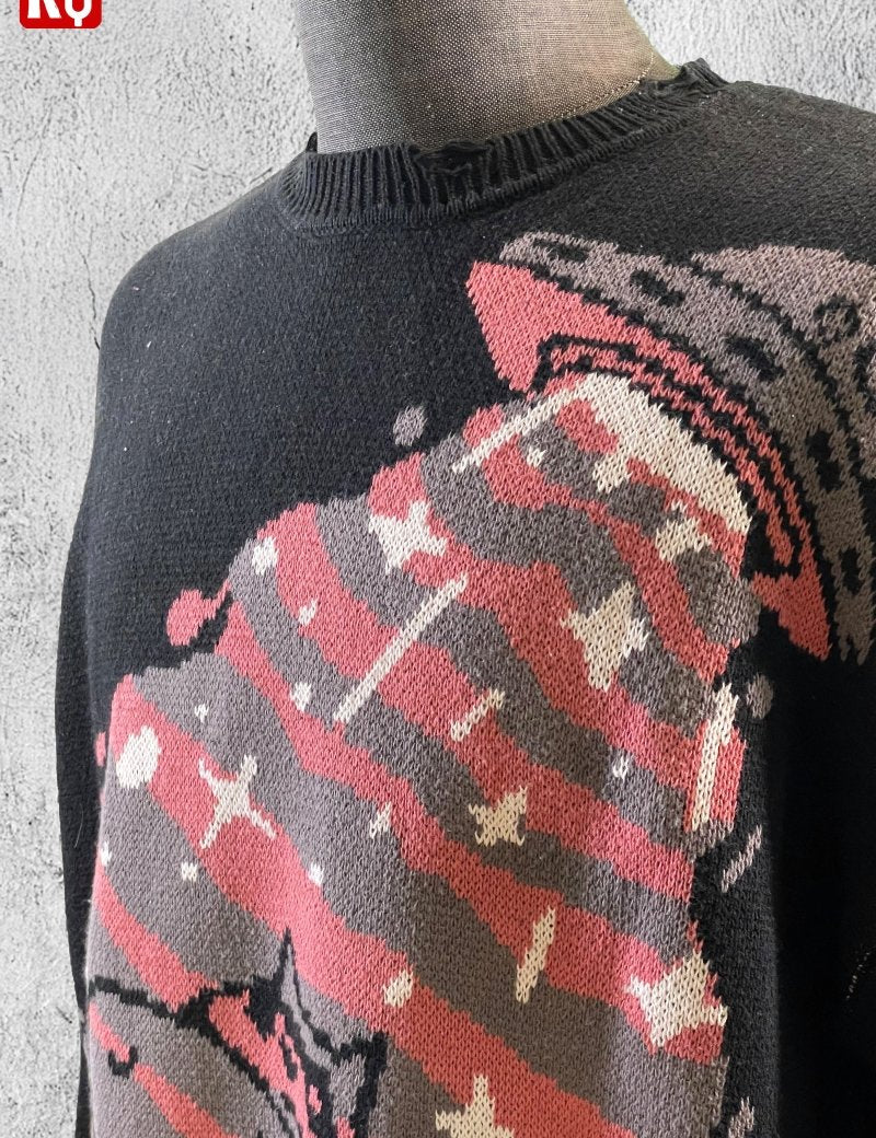 UFO takes Raccoon Knitted distressed sweater - rage quit